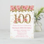 ピンク フラワー ゴールド グリッター 100歳 誕生日パーティー 招待状 (スタンド正面)