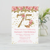 ピンク フラワー ゴールド グリッター 75歳の誕生日パーティー 招待状 (スタンド正面)