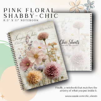 ピンク フラワー シャビーシック 8.5" x 11" スパイラルノート ノートブック