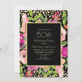 ピンク フラワー ブラック ゴールド グリッター 50歳の誕生日 カード