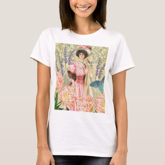 ピンク フラワー ヴィクトリア朝の女性 レジェンシー Tシャツ (正面)