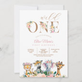 ピンク フラワー Wild One ジャングル サファリ 誕生日 女の子 招待状 (正面)