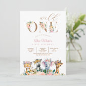 ピンク フラワー Wild One ジャングル サファリ 誕生日 女の子 招待状 (スタンド正面)