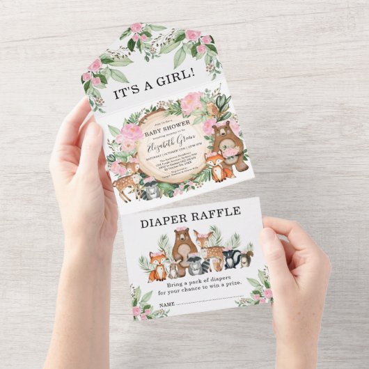ピンク・フローラの森の動物少女のベビーシャワー オールインワン招待状 (貼ってはがせる)