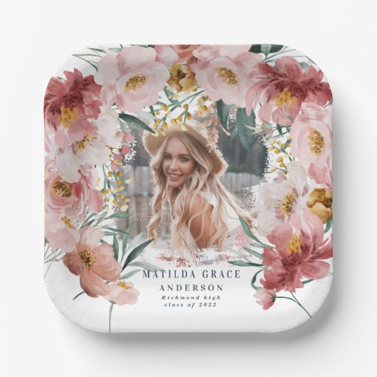 ピンク・フローラガーリー・フォト卒業パーティー ペーパープレート (正面)