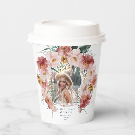 ピンク・フローラガーリー・フォト卒業パーティー 紙コップ (正面)