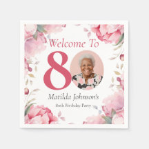 ピンク フローラル カスタム写真 80歳の誕生日ウェルカム