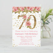ピンク フローラル ゴールド グリッター 70歳の誕生日パーティー 招待状 (スタンド正面)
