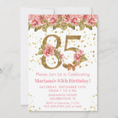 ピンク フローラル ゴールド グリッター 85歳の誕生日パーティー 招待状 (正面)