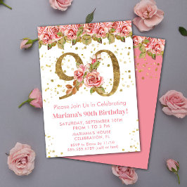 ピンク フローラル ゴールド グリッター 90歳の誕生日パーティー 招待状