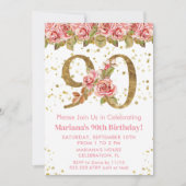 ピンク フローラル ゴールド グリッター 90歳の誕生日パーティー 招待状 (正面)