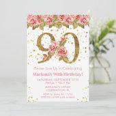 ピンク フローラル ゴールド グリッター 90歳の誕生日パーティー 招待状 (スタンド正面)