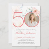 ピンク フローラル フォト 50歳の誕生日 招待状 (正面)