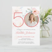 ピンク フローラル フォト 50歳の誕生日 招待状 (スタンド正面)