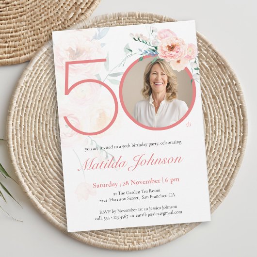 ピンク フローラル フォト 50歳の誕生日 招待状