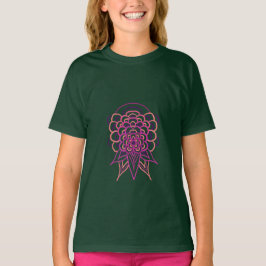 ピンク フローラル マンダラ ガールズ モスグリーン Tシャツ | 