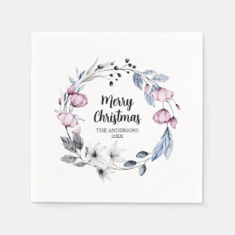ピンク フローラル リース クリスマス スタンダードカクテルナプキン