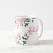 ピンク フローラル 名前入り PA コーヒーマグカップ (正面右)