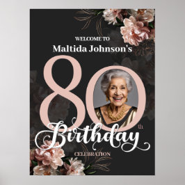 ピンク フローラル 80歳の誕生日パーティー ウェルカム ポスター