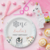 ピンク・フローラ冬の動物第1回誕生日紙板 ペーパープレート (パーティー)