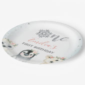 ピンク・フローラ冬の動物第1回誕生日紙板 ペーパープレート (アングル)