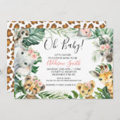 ピンク・フローラ緑のサファリ動物のベビーシャワー 招待状 (正面/裏面)