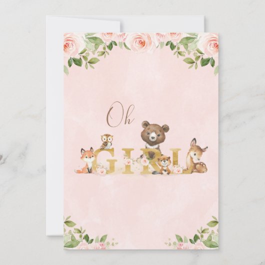 ピンク・フローラ・ガールズ・ウッドランドをテーマにしたベビーシャワー 招待状 (裏面)