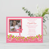 ピンク·フローラ·クロス·フォト·ファースト·コミュニオン 招待状 (スタンド正面)