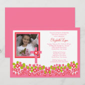 ピンク·フローラ·クロス·フォト·ファースト·コミュニオン 招待状 (正面/裏面)