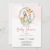 ピンク・フローラ・サファリ・ジャングル動物のベビーシャワー 招待状 (正面)