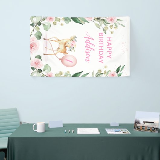 ピンク・フローラ・ディア・ピンク・バルーンの誕生日パーティー 横断幕 (トレードショー)