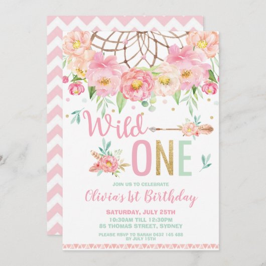 ピンク·フローラ·ドリーム·キャッチャーが1歳の誕生日をワイルドに 招待状 (正面/裏面)
