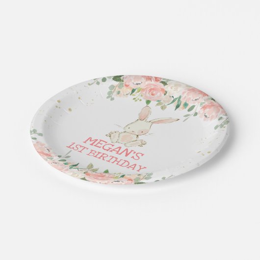 ピンク・フローラ・バニーウサギの誕生パーティー ペーパープレート (アングル)