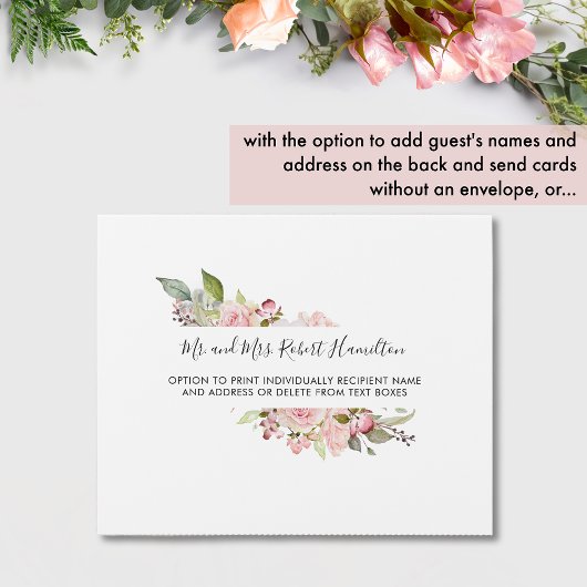 ピンク、ブッシュ、バーガンディ フローラル ウェディング ティアオフ RSVP オールインワン招待状