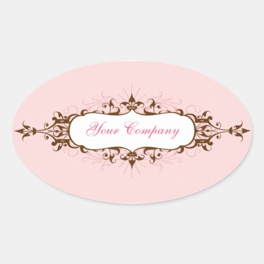 ピンク&ブラウンの素敵な花柄のステッカー 楕円形シール (正面)