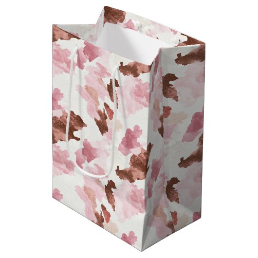 ピンク ブラウンカウガール カウプリント 動物 ブライダルシャワー ミディアムペーパーバッグ (正面アングル)