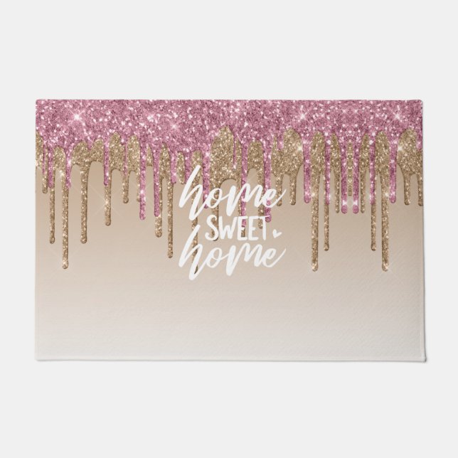 ピンク&ブラウンドリッピンググリッター |ホームスイートホーム ドアマット (正面)