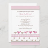 ピンク&ブラウンバーズガールベビーシャワー招待状 招待状 (正面/裏面)