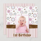 ピンク&ブラウンベイビーズフォトファースト誕生日招待状 招待状 (正面/裏面)