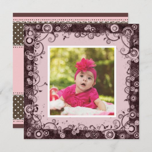 ピンク&ブラウンベビーファースト誕生日招待状 招待状 (正面/裏面)