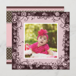 ピンク&ブラウンベビーファースト誕生日招待状 招待状