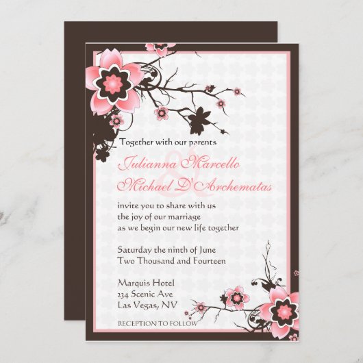 ピンク&ブラウン桜さくらんぼの花の結婚式 招待状 (正面/裏面)