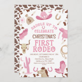 ピンク ブラウン 女の子 馬 ファースト ロデオ 1歳 誕生日 招待状 (正面/裏面)