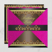ピンク/ブラウン&金ゴールドダマスク誕生日招待状 招待状 (正面/裏面)
