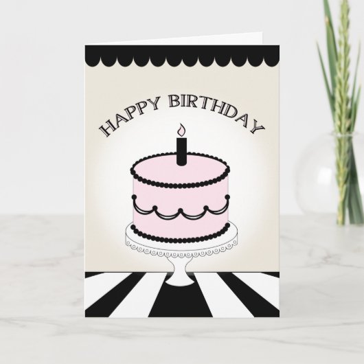 ピンク&ブラックお誕生日ケーキ/ストライプ カード (正面)