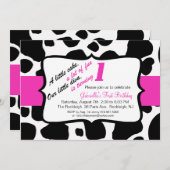 ピンク＆ブラックの牛柄ガールズファーストバースデー招待状 招待状 (正面/裏面)