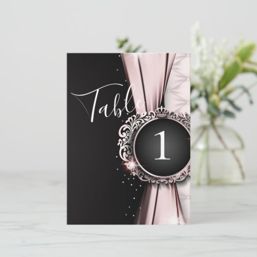 ピンク&ブラックエレガントラグジュア結婚リーのテーブル番号 招待状 (スタンド正面)