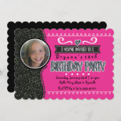 ピンク&ブラックグリッターガールズパーティーフォト招待状 招待状 (正面/裏面)