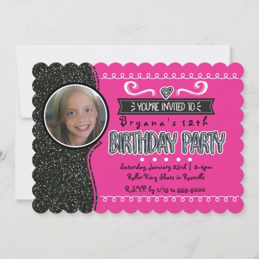 ピンク&ブラックグリッターガールズパーティーフォト招待状 招待状 (正面)