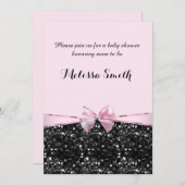 ピンク&ブラックグリッターグラムボウガールズベビーシャワー 招待状 (正面/裏面)